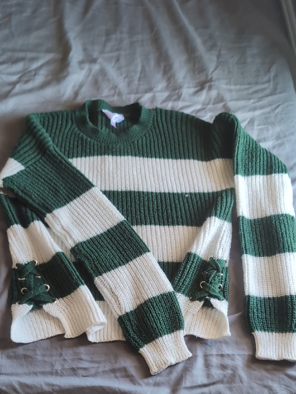 No Boundaries Green and White Striped Crewneck Sweater with Lace-Up Side Detail